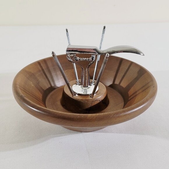 Vintage MCM Mid-Century Wood Nut Bowl with Attached Nut Cracker & Picks 9.5
